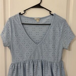 Light Blue Eyelet V-Neck Babydoll Dress